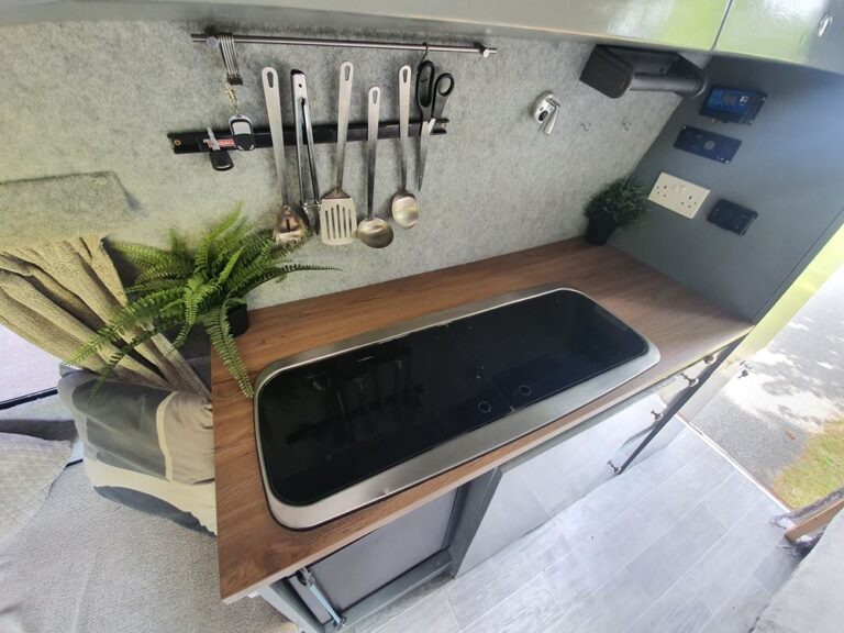 Voyager kitchen worktop with the hob and sink cover closed