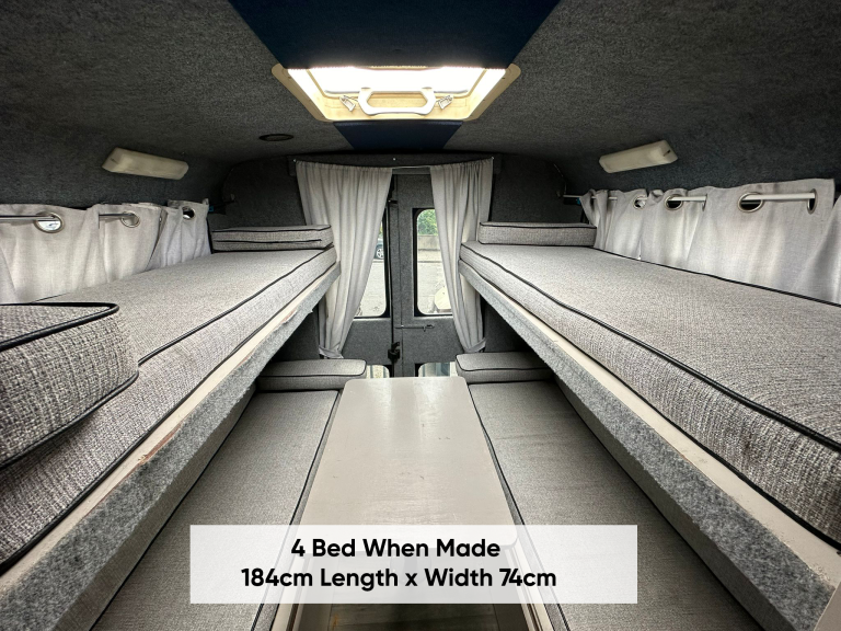 Grande rear bunks, labelled 184 cm long by 74 cm wide
